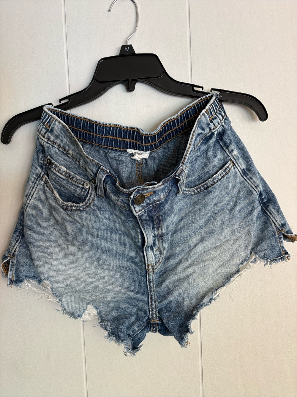 aerie Light Wash Distressed Denim Jean Shorts Elastic Back High Rise Size S